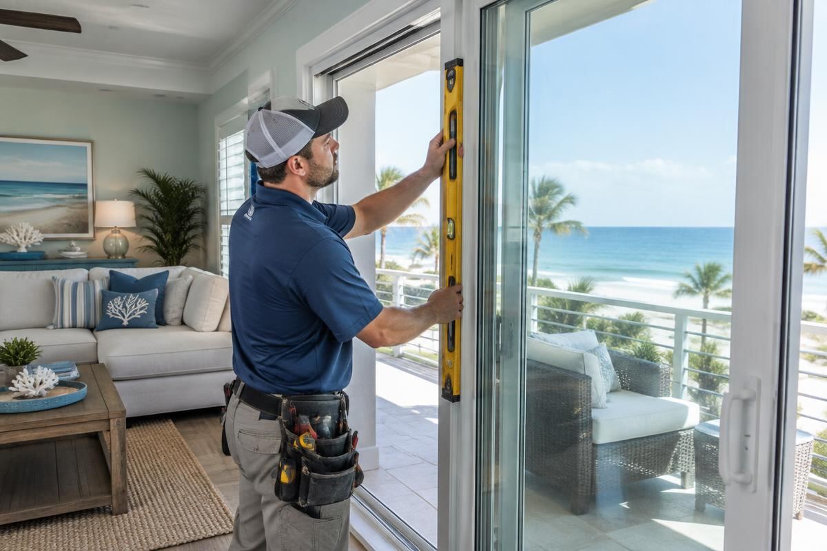 Technician using a level to align a sliding glass door panel in a coastal home