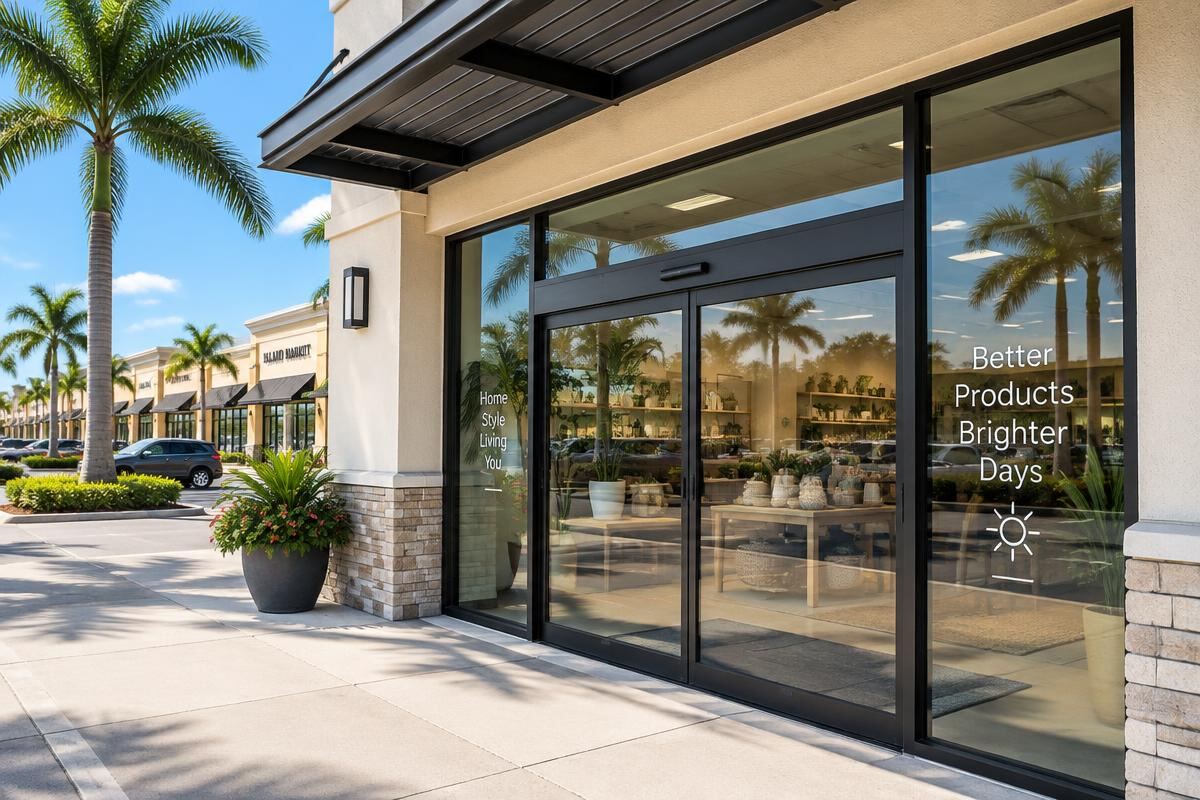 Commercial storefront with sliding glass doors in a Naples shopping plaza