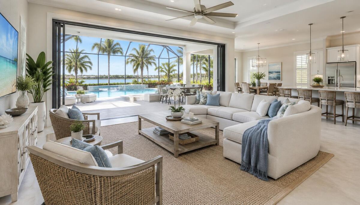 Sliding glass patio doors opening onto a pool lanai in a Naples, Florida home