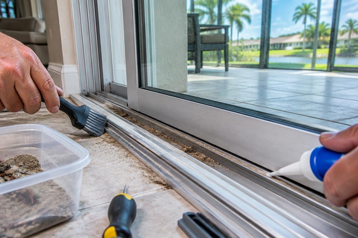 Sand and debris being brushed from a sliding glass door bottom track in Naples