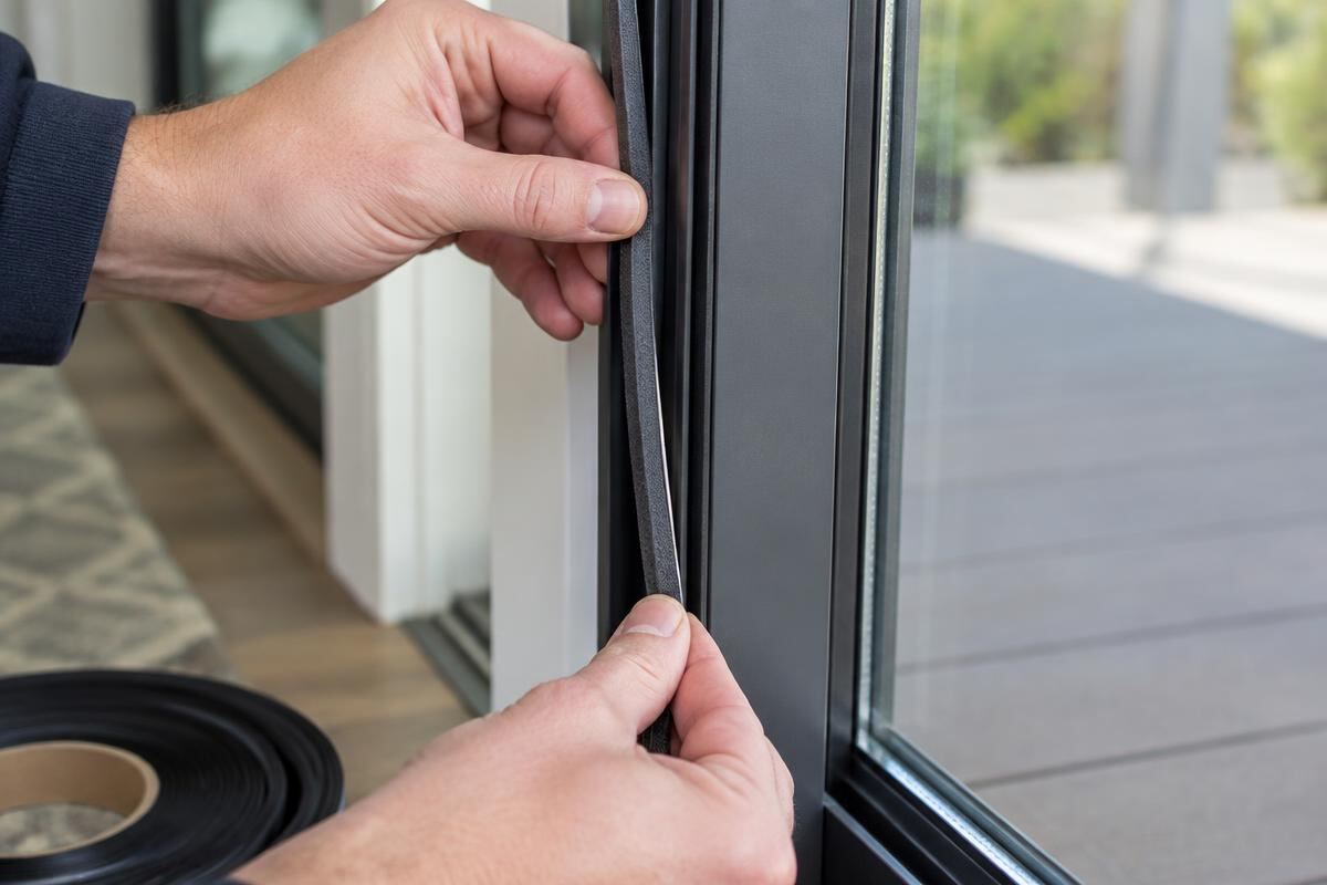 New weatherstripping seal being pressed into a sliding glass door frame